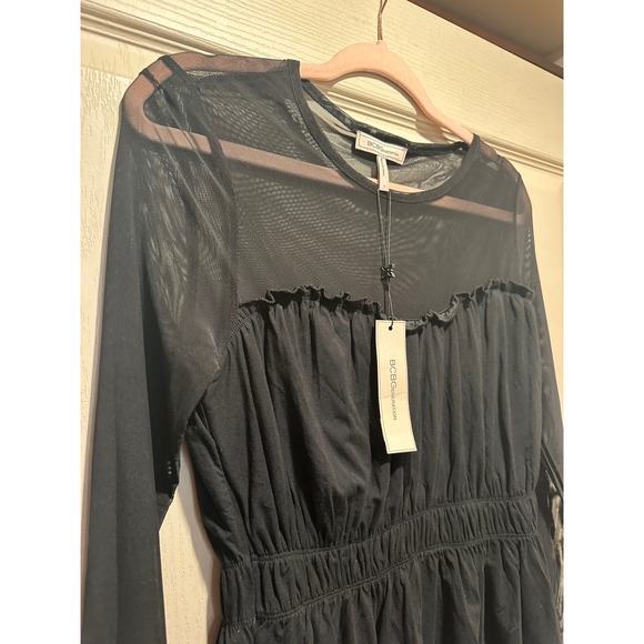 BCBGMAXAZRIA Black Sheer Mesh Ruffle Peplum Long Sleeve Top NWT Women's - Picture 4 of 9